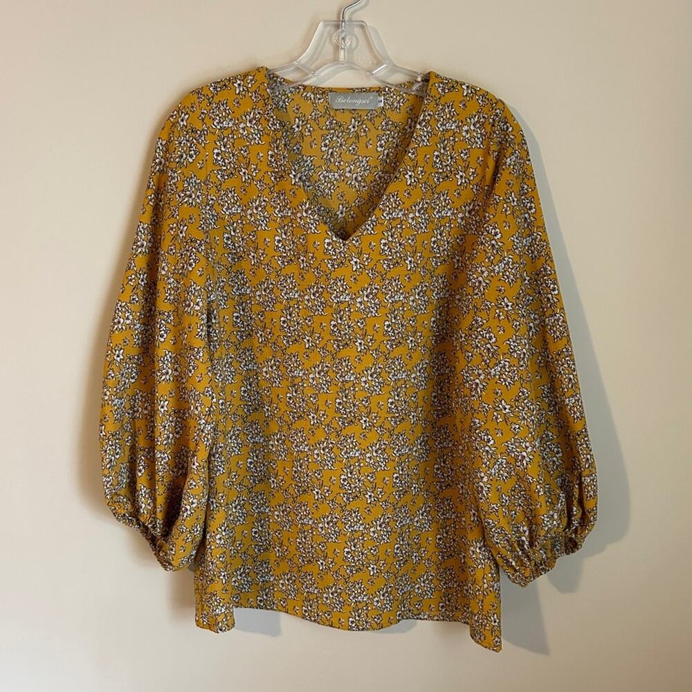 Belongsci Mustard Yellow White Floral V Neck Puff Sleeve Tunic Blouse Size Small